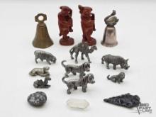 (2) Chinese Carved Figures, (2) Small Bells (8) Metal Minature Animals and more