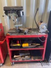 Rolling Work Table, Drill Press, Bench Grinder & Tools