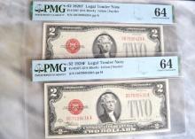 Lot of 2 Sequential 1928 $2 Bills Graded 64