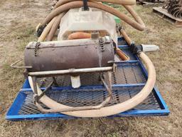 Pallet w/Small Tank Sprayer & Hoses & Small BBQ Pit on a Blue Metal Frame