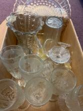 box of clear, glass cake plates vases Iris and herringbone goblets