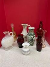 Vintage vases lusterware decanter, pink depression vase, Germany vase, and more