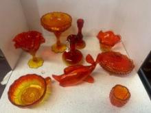 Red Amberino art glass Fish. carnival glass items crackle and hobnail. bowls candle holder cups and