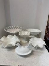 Fenton milk glass open lace compote, hen on nest, ruffled edge bowls