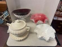 vintage Fenton milk and pink silver crest glass bowl and pedestal hobnail bowl, porcelain jar, red