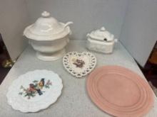 decorative bird and flower plate tray milk glass and pottery jar with scoop, and grape and vine