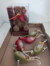 Lenox teddy bear new in box and 5 Vintage clip-on Christmas tree birds with glitter wings