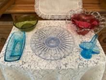 Tiffin blue basket, Heisey platter, sandwich glass, more