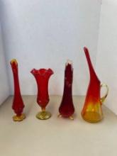 Amberina stretch and other vases and a 1960?s Kanawha crackle glass vase,