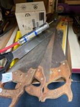 3 hand saws and other workshop items