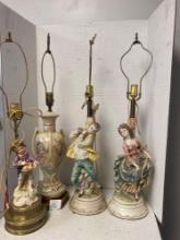4 porcelain and ceramic lamps, 3 figural, 2 with brass and metal bases