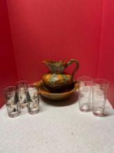 Arkansas pottery pitcher and bowl and approximately 12 mid-century drinking glasses
