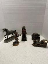 Metal and cast-iron animal decor, horses, old puffer dog, includes BANTHRICO