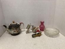 Cranberry vase, pinecone glass bowl, Dragonware teapot, toothpick woodpecker ra