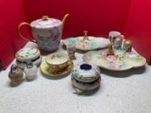 Porcelain hand-painted tea pot, Trinket Box, cup and saucer, egg cup more