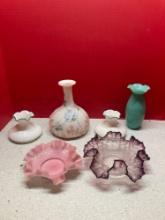 Handpainted satin vase, Fenton and art glass ruffle top dishes