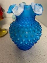 Decorative glass lot including Fenton Signed Hand Painted Blue Roses Satin Glass Ruffle Edge Vase