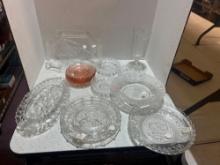 Crystal and pink glass lot. Cut crystal glass trays, historical figures and events plates and more