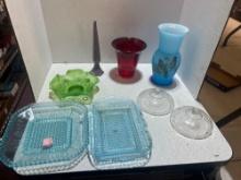 multicolor glass, sky blue trays, hand painted norleans vase, green glass basket and more