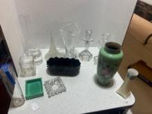 set my Mongolian green cigarette box, crystal glass items large vase Christian candle holders