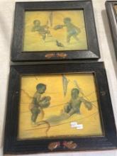 Black Americana babies boxing prints, Little Jenny Currier and Ives, wood box