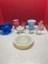 Fenton blue hobnail candleholder, vases, oil, and vinegar more