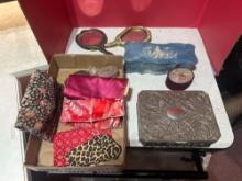 vintage incolay stone jewelry box and metal Godinger jewelry box, antique fabric purses, etc.