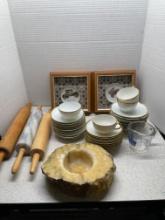 Rolling pins, including one marble, Soapstone ashtray, Pictures, Dishes