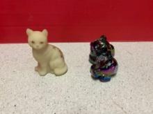 Fenton carnival glass bear and hand painted artist signed cat