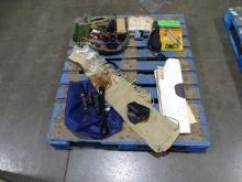 PALLET W/SCOPES, HOLSTER, ROPE RAIN SUIT, BAGS, TARGETS, BOW HOLDER & SOFT RIFLE CASE