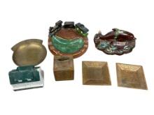 Collection of Vintage Items Including Small Brass Trays, Souvenirs, Ash Tray, Table Lighter