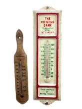 Two Vintage Thermometers Including Metal Citizen's Bank Higginsport, Ohio