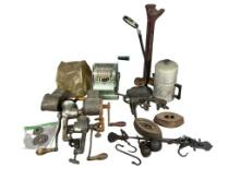 Large Group of Vintage Grinders, Irons, Meat Balance Scales, and more.