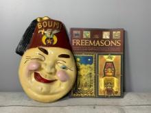 Vintage Masonic BOUMI Lodge Plaster Wall Figurine of Capped Moonwinks and Freemason Book