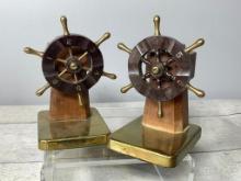 Unusual Vintage Chase Metals Ship's Wheel Pair of Bookends