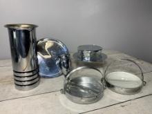Group of Chase Art Deco Chrome 1930's Serving Pieces, Vase, and Unique Wall Hanging Candle Sconce