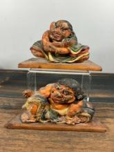 Hand Carved and Painted Wood Antique Japanese Figures Mounted on Wood Planks