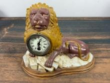Painted Cast Iron Lion Figurine Clock on Wood Base