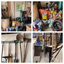 Garage Area Content Lot - Large Group of Gardening Items, Shovels, Rakes,