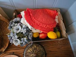 Assortment of Tablecloths, Baskets, Clock and Popcorn Popper