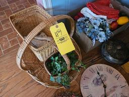 Assortment of Tablecloths, Baskets, Clock and Popcorn Popper