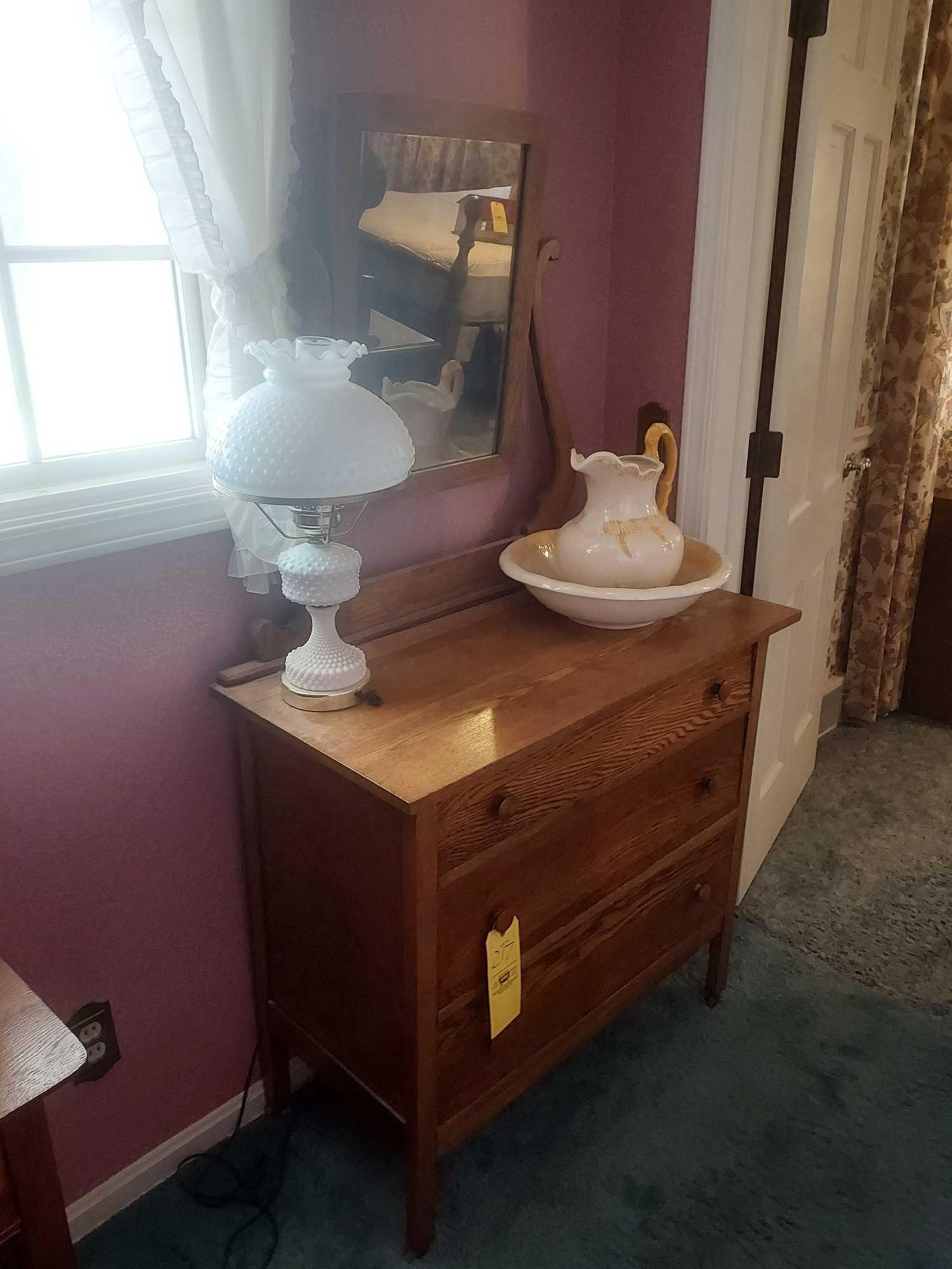 Vintage Mirrored Stand w/ Lamp, Bowl, & Pitcher