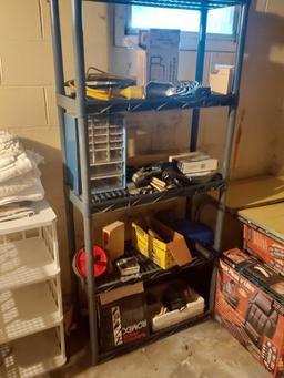 Basement Corner Contents - Shelving, Organizers, Table, Massaging Seat Covers, & more