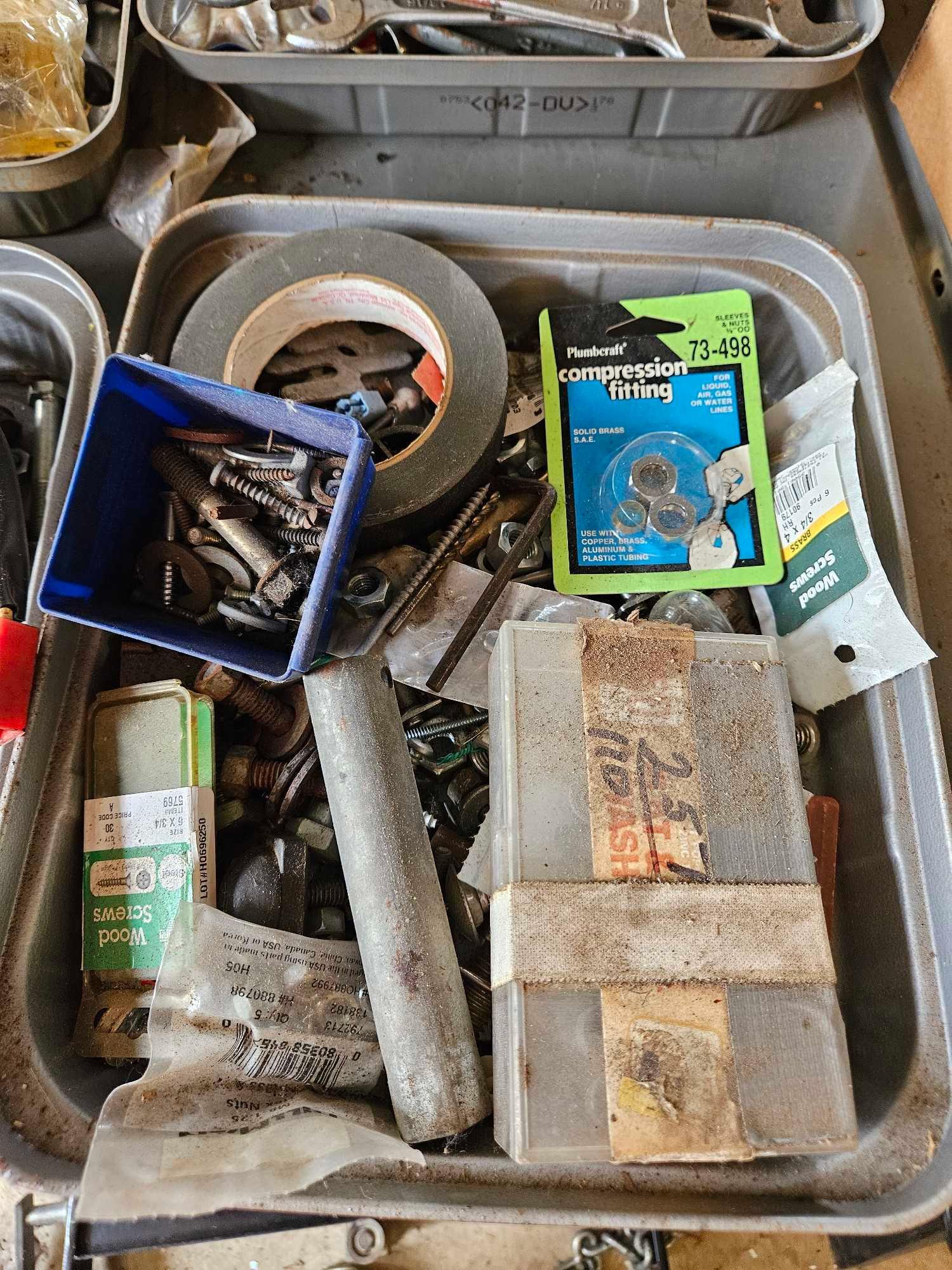6 Metal Trays of Hardware, Wrenches, & Small Tools