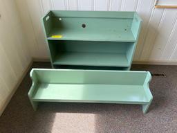 Painted Wood Shelf and Small Pew