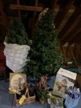 Christmas Decor- (3) Artificial Trees, Stocking Holders, Snowman Statue