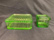 (2) Square Green Uranium Depression Glass Refrigerator Dishes