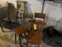 Wooden chairs, stool, and step ladder