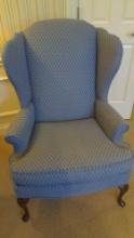 Smith Brothers Blue Upholstered Chair with Cherry Wood Trim