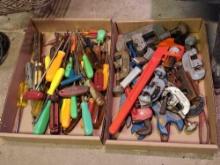 2 Boxes of Screwdrivers, T-Keys, Pipe Cutters, & Wrenches